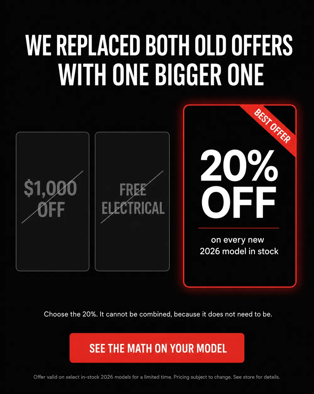 We replaced the $1,000 off and free electrical offers with 20% off every new 2026 model in stock